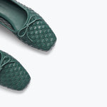 Fredas Salvador JADA square toe ballet flat in emerald woven calf leather, showing detailed close-up of the textured material.