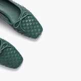 Fredas Salvador JADA square toe ballet flat in emerald woven calf leather, showing detailed close-up of the textured material.