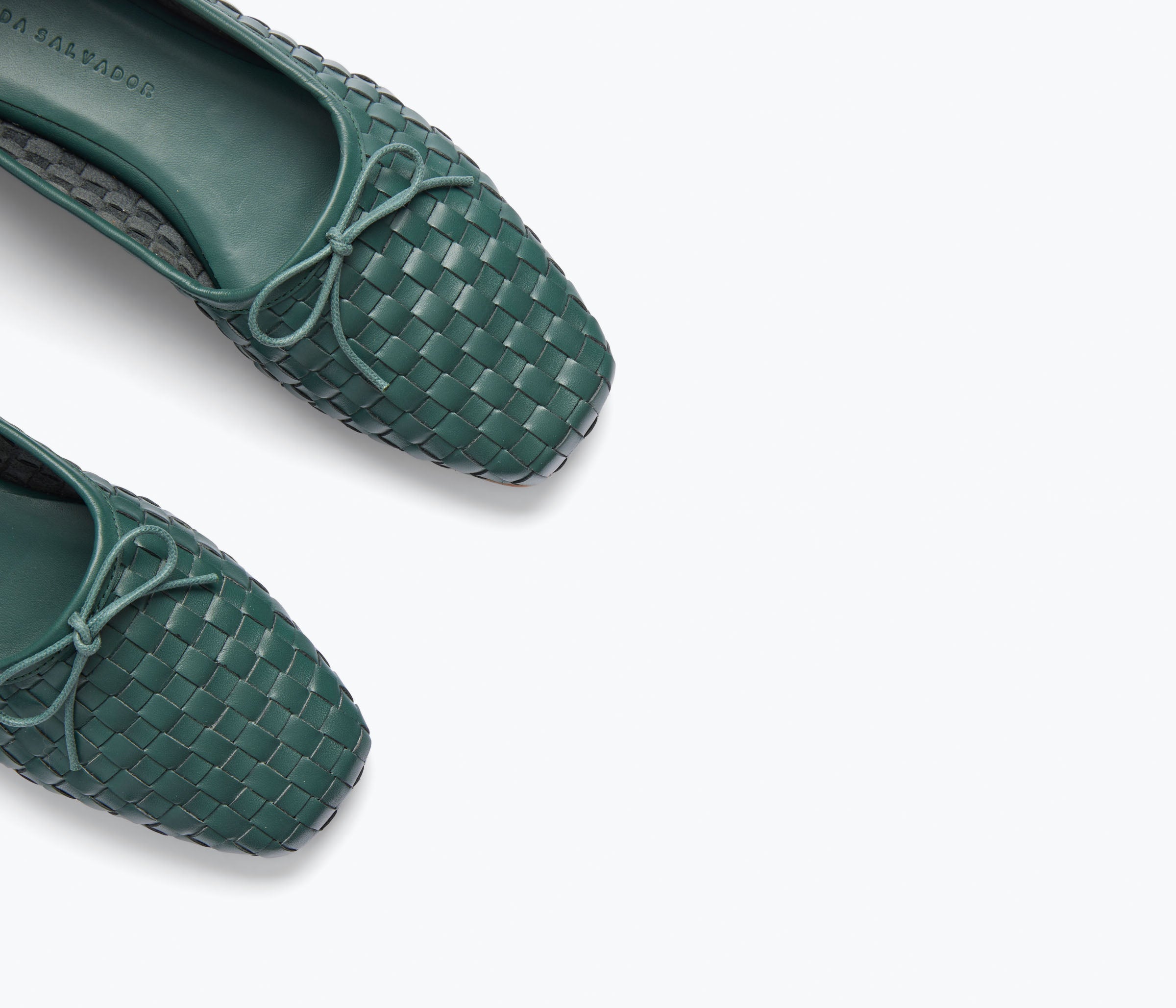 Fredas Salvador JADA square toe ballet flat in emerald woven calf leather, showing detailed close-up of the textured material.
