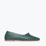Freda Salvador JADA square toe ballet flat in emerald woven calf leather, showing front view of the elegant flat shoe.