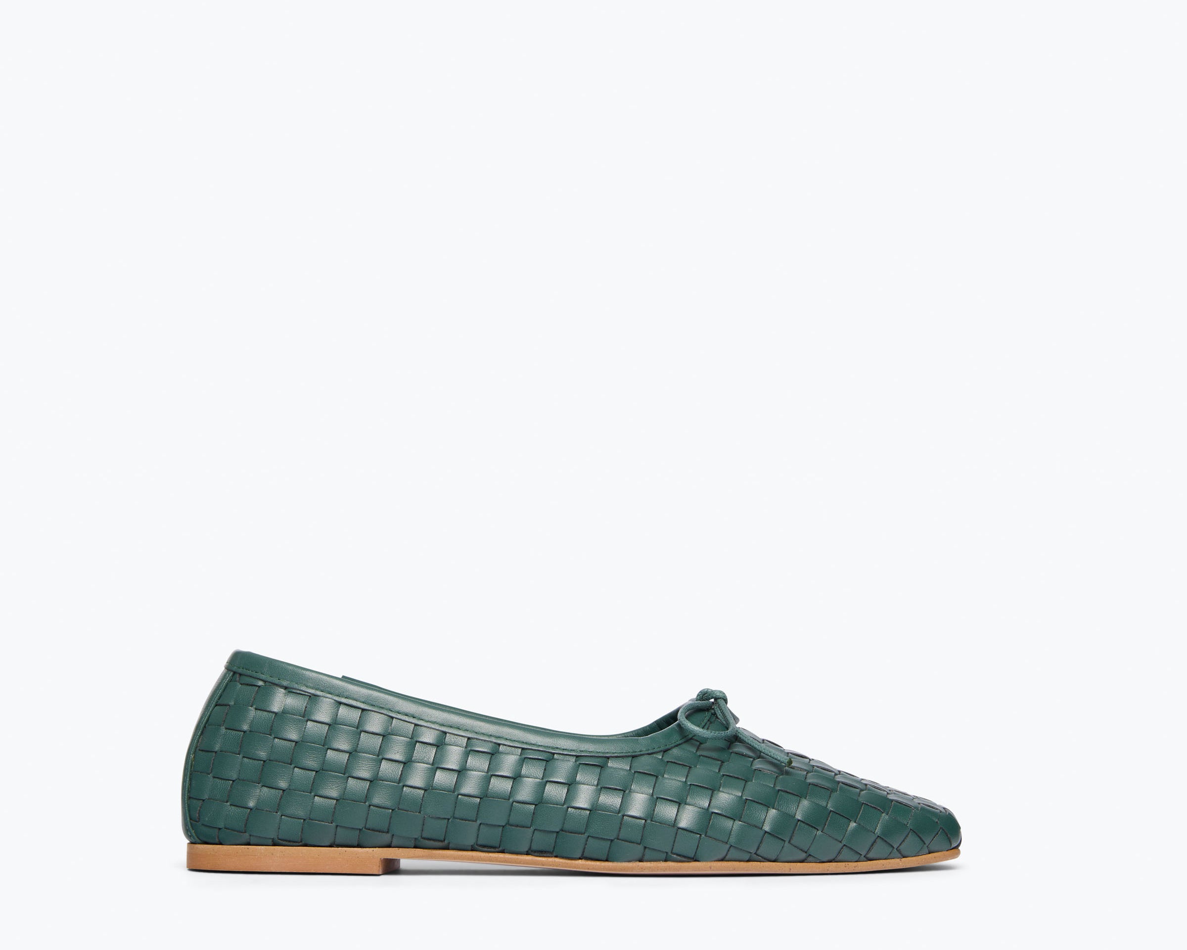 Freda Salvador JADA square toe ballet flat in emerald woven calf leather, showing front view of the elegant flat shoe.