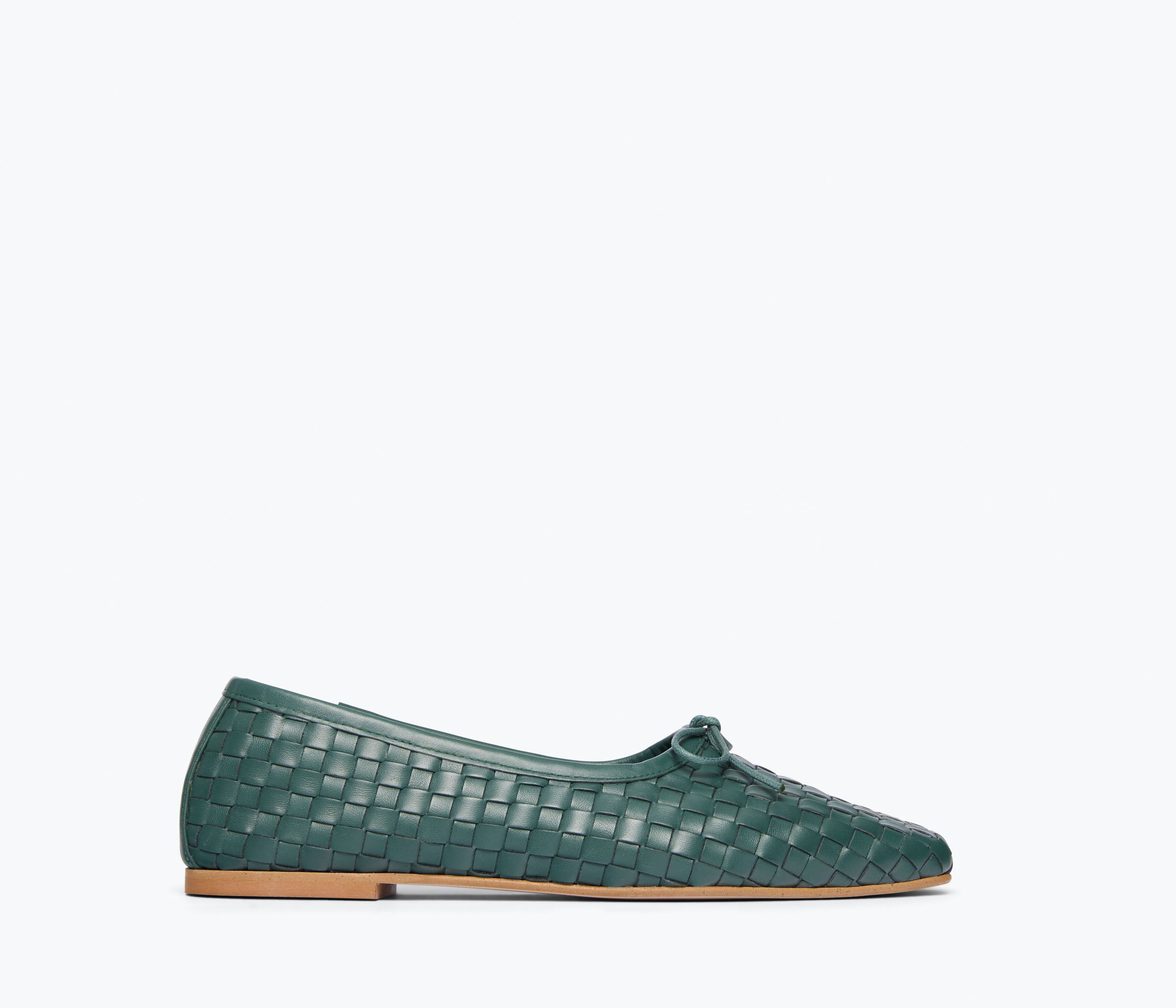 Freda Salvador JADA square toe ballet flat in emerald woven calf leather, showing front view of the elegant flat shoe.
