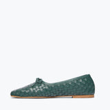 Freda Salvador JADA square toe ballet flat in emerald woven calf leather, inside view showing sleek design and craftsmanship.