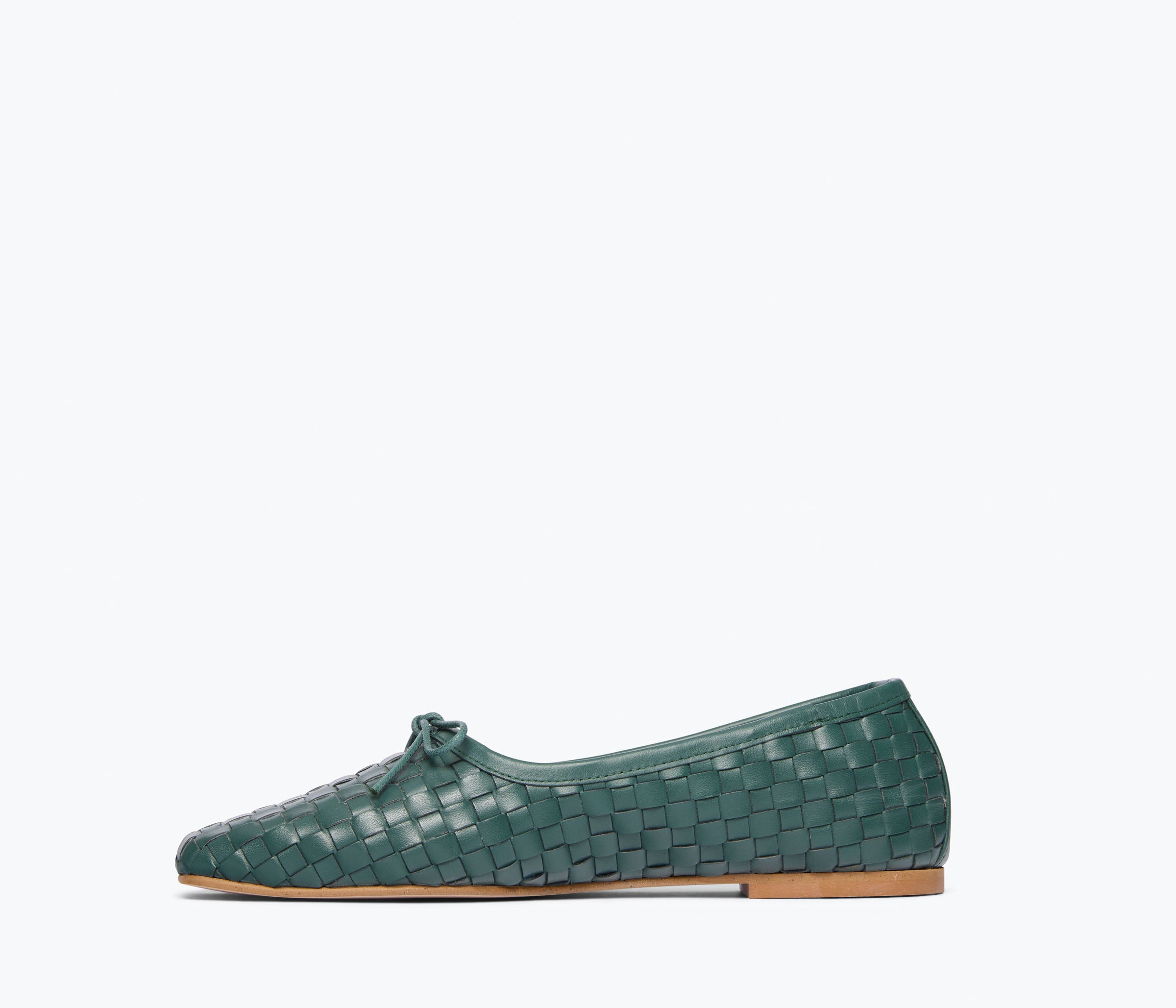 Freda Salvador JADA square toe ballet flat in emerald woven calf leather, inside view showing sleek design and craftsmanship.