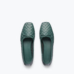 Fredas Salvador JADA square toe ballet flat in emerald woven calf leather, showcasing a stylish and comfortable flat shoe design.