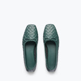 Fredas Salvador JADA square toe ballet flat in emerald woven calf leather, showcasing a stylish and comfortable flat shoe design.