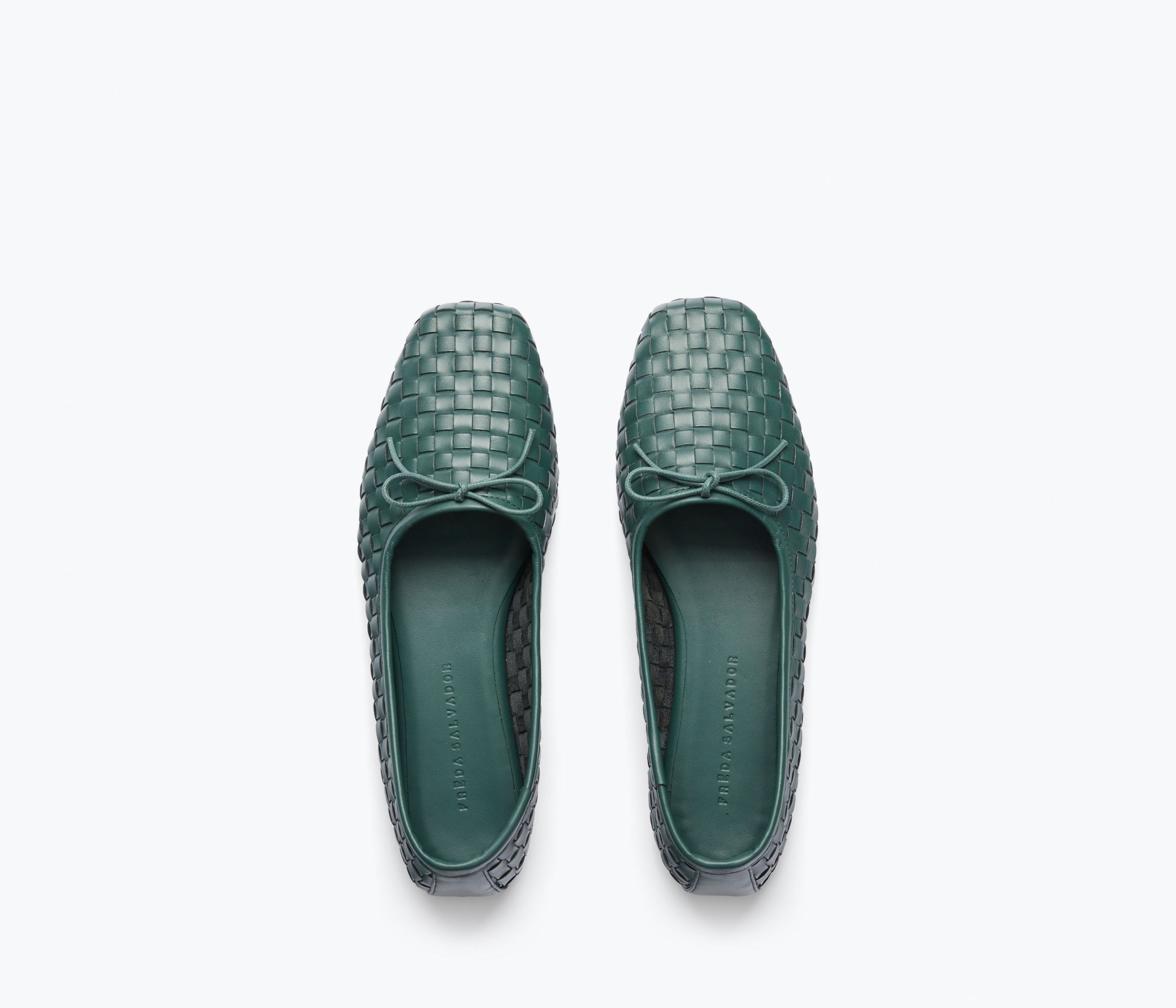 Fredas Salvador JADA square toe ballet flat in emerald woven calf leather, showcasing a stylish and comfortable flat shoe design.