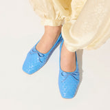 Fredrick Salvador JADA square toe ballet flat in ocean woven calf leather, featuring a sleek, minimalist design and comfortable flat sole.