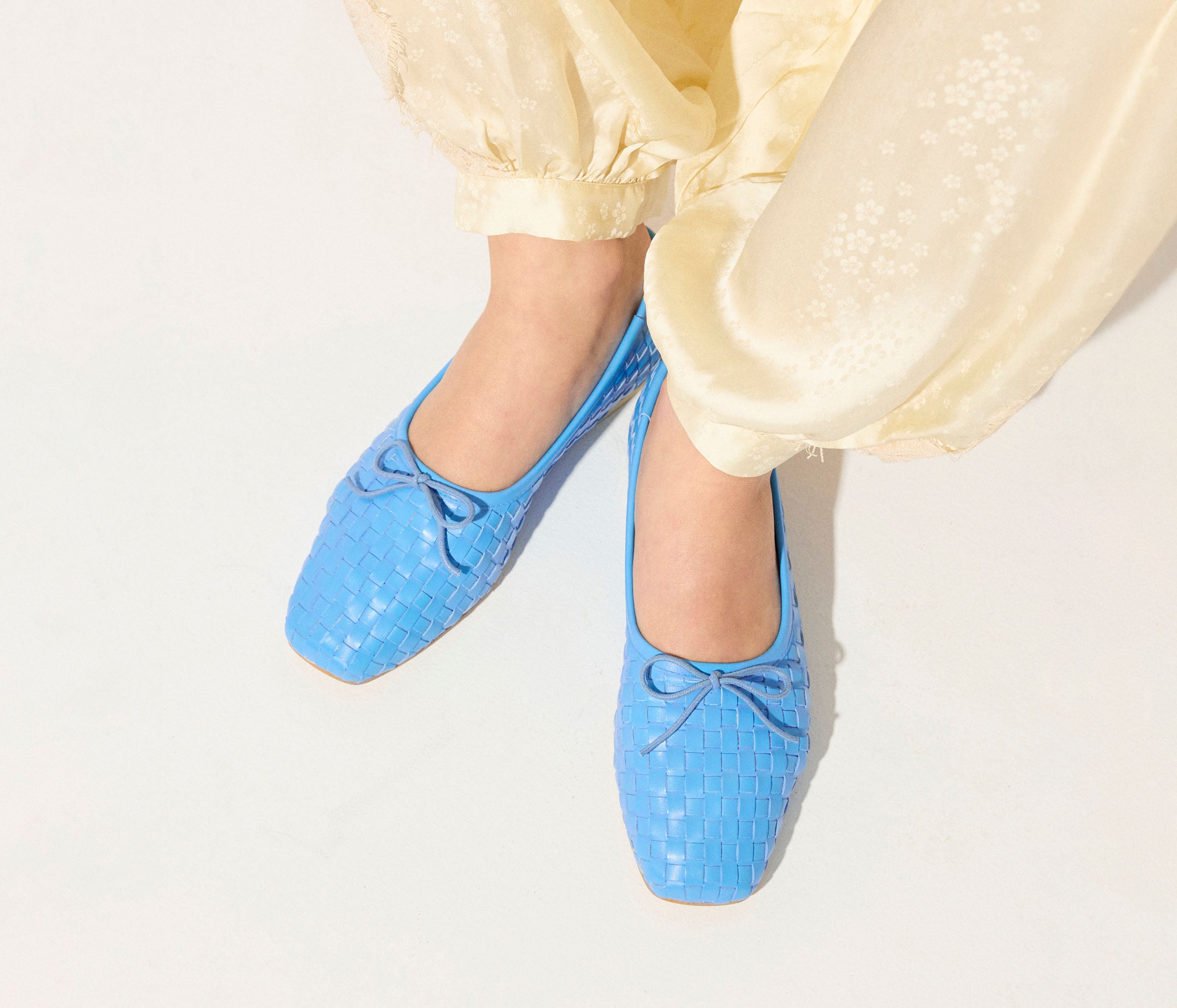 Fredrick Salvador JADA square toe ballet flat in ocean woven calf leather, featuring a sleek, minimalist design and comfortable flat sole.