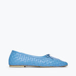 Freda Salvador JADA square toe ballet flat in woven calf leather, ocean blue color, front view showing sleek design and square toe shape.