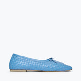 Freda Salvador JADA square toe ballet flat in woven calf leather, ocean blue color, front view showing sleek design and square toe shape.