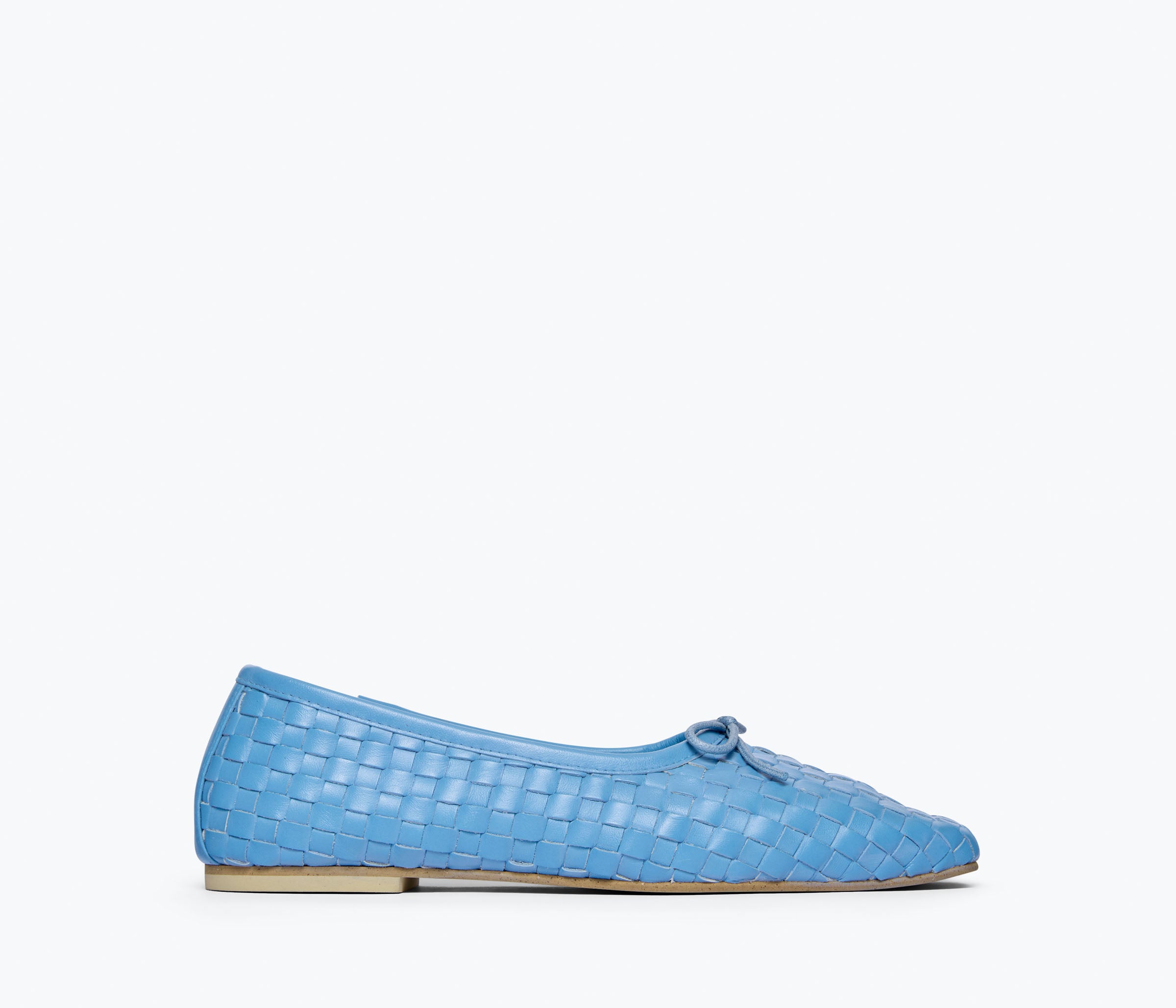 Freda Salvador JADA square toe ballet flat in woven calf leather, ocean blue color, front view showing sleek design and square toe shape.