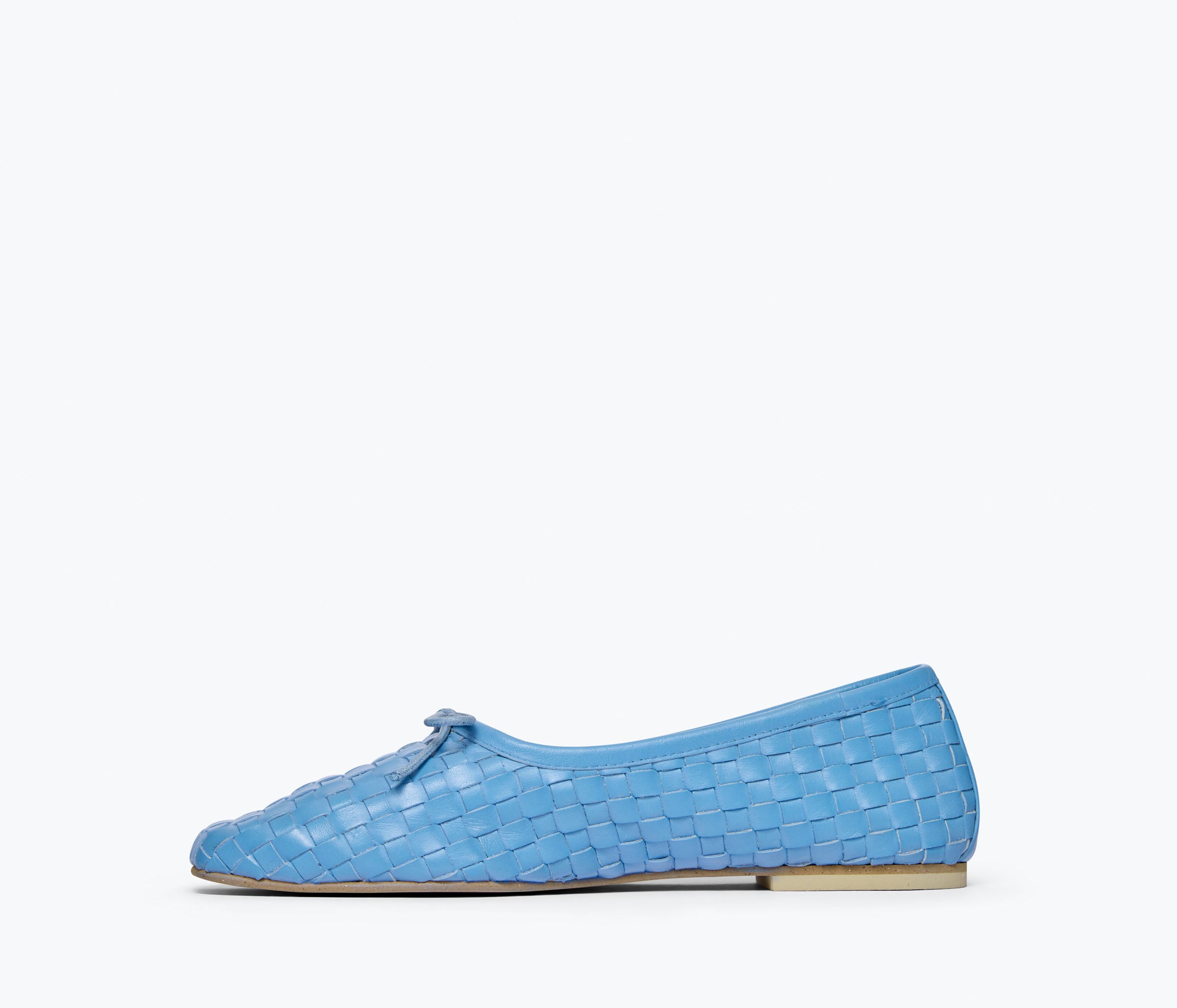 Fredaa Salvador Jada square toe ballet flat in ocean woven calf leather, showing the inside view and detailed craftsmanship.