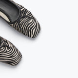 Fredas Salvador JADA square toe ballet flat in zebra hair calf with detailed close-up of textured animal print.