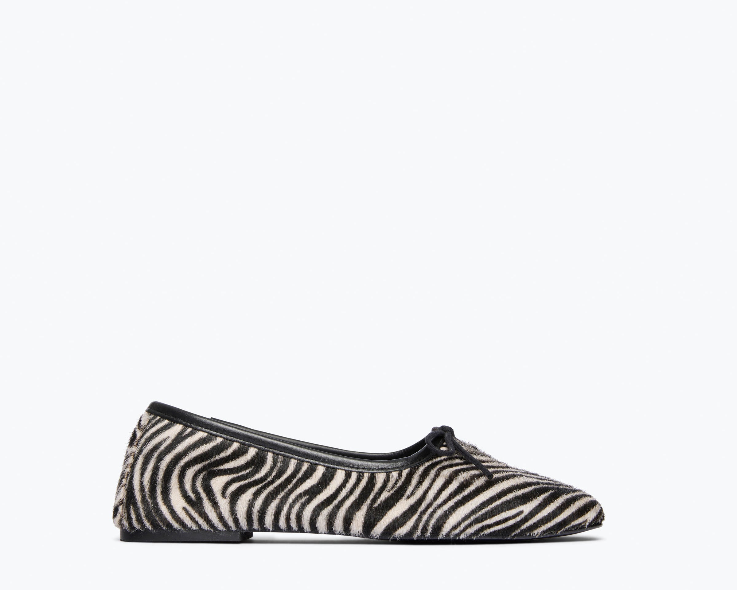 Freda Salvador JADA square toe ballet flat in zebra hair calf material, front view showing stylish design and textured pattern.