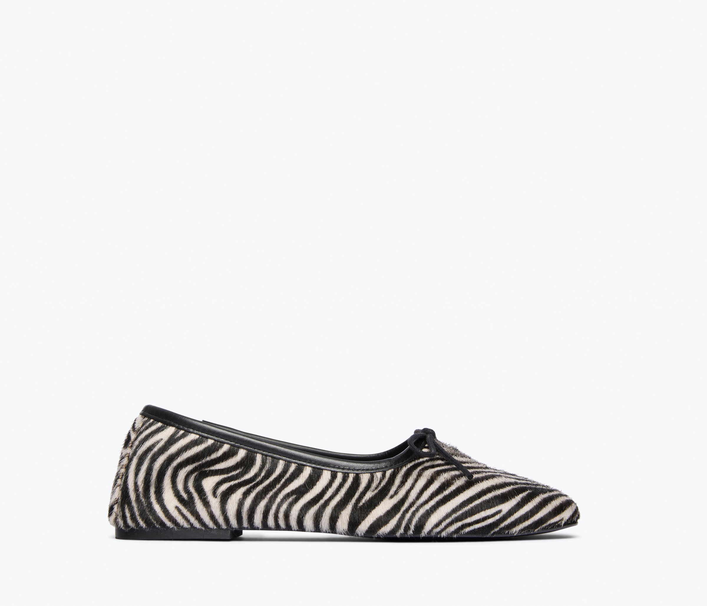 Freda Salvador JADA square toe ballet flat in zebra hair calf material, front view showing stylish design and textured pattern.