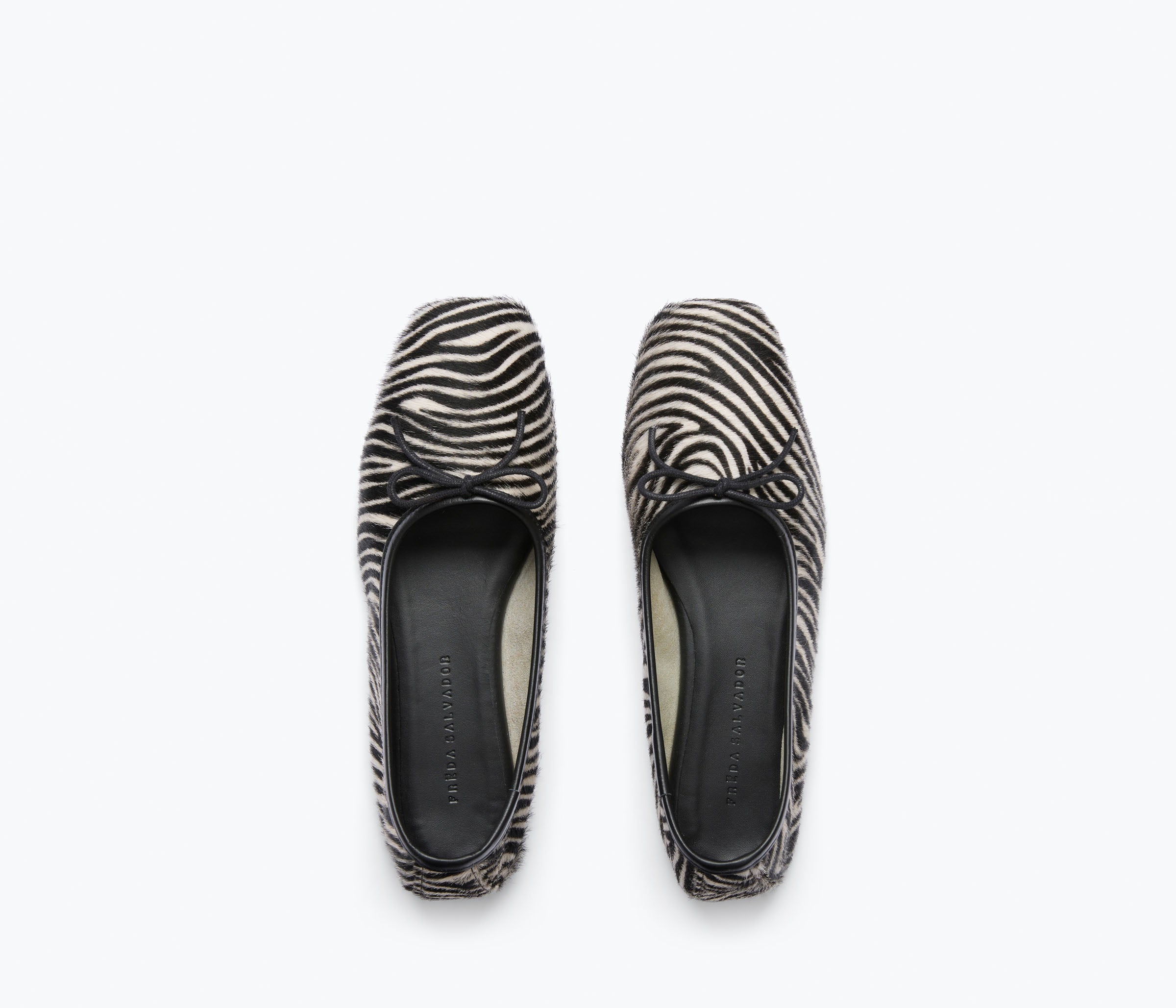 Fredas Salvador JADA square toe ballet flat in zebra hair calf leather, showcasing sleek design and textured animal print.