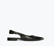 Black leather Kelly Slingback Point Flat by Freda Salvador, front view showcasing sleek pointed toe and classic slip-on design.