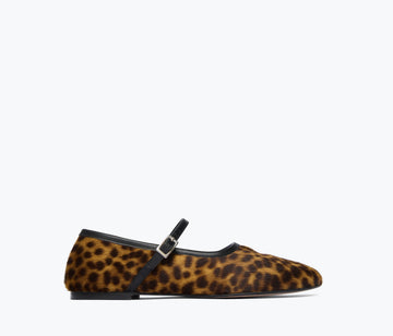 Freda Salvador Laurel Mary Jane flat in leopard print hair calf leather, featuring a classic strap and rounded toe.