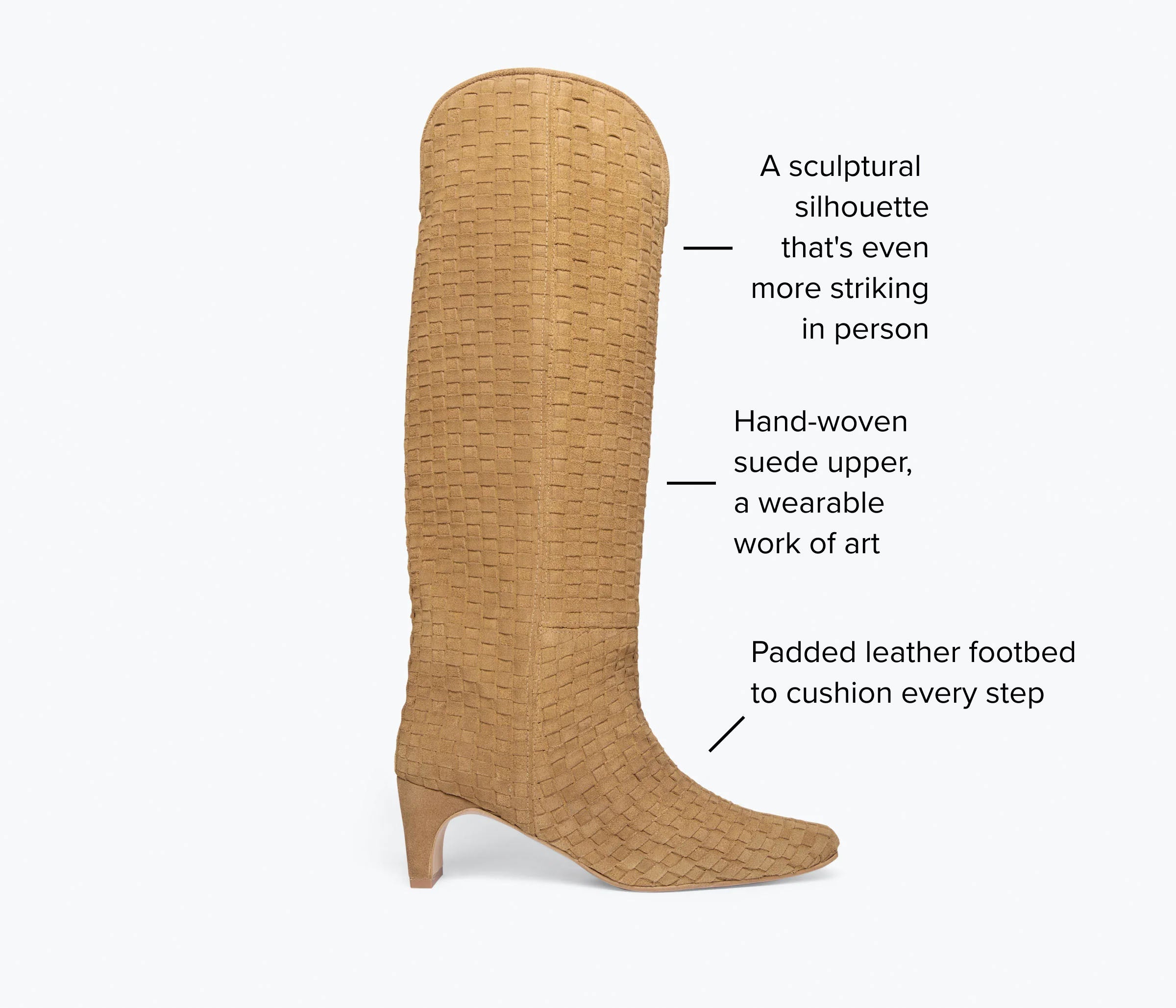 Freda Salvador Lennox woven tall boot in biscuit suede with woven shaft detail