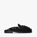 Black suede LEON tassel penny loafer mule by Freda Salvador with front view showing stylish tassel detail and sleek design.