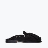 Black suede LEON tassel penny loafer mule by Freda Salvador with front view showing stylish tassel detail and sleek design.