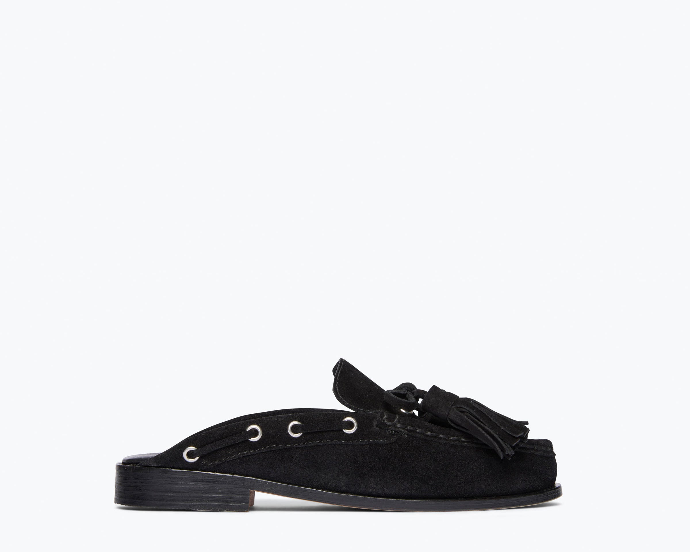 Black suede LEON tassel penny loafer mule by Freda Salvador with front view showing stylish tassel detail and sleek design.