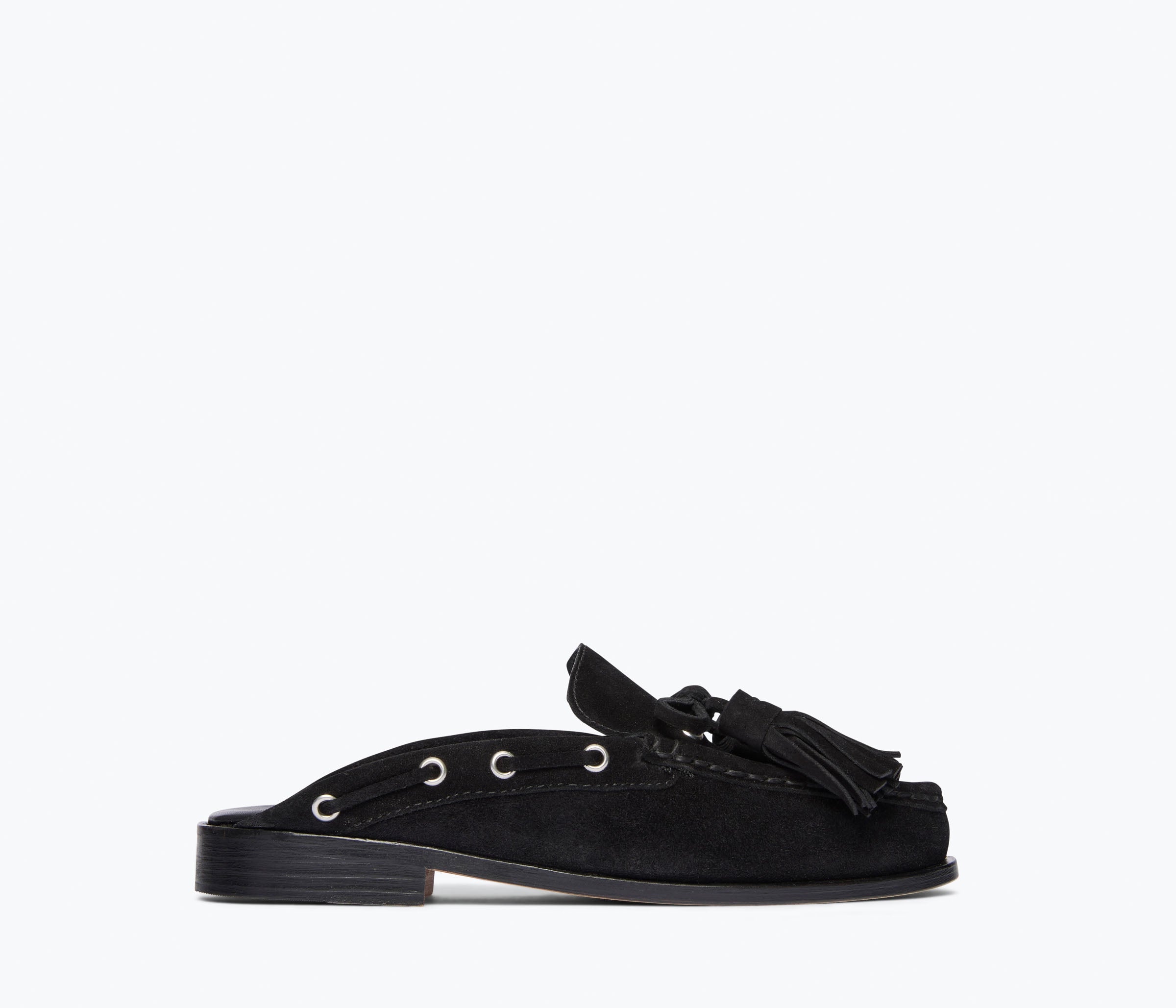 Black suede LEON tassel penny loafer mule by Freda Salvador with front view showing stylish tassel detail and sleek design.