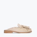 Freda Salvador Leon Tassel Penny Loafer Mule in Sahara suede, front view showing tassel detail and sleek slip-on design.
