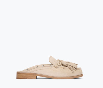 Freda Salvador Leon Tassel Penny Loafer Mule in Sahara suede, front view showing tassel detail and sleek slip-on design.