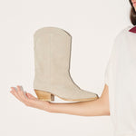 Freda Salvador Loretta Western boot in Sahara suede with pointed toe and stacked heel, stylish and durable for Western-inspired fashion.