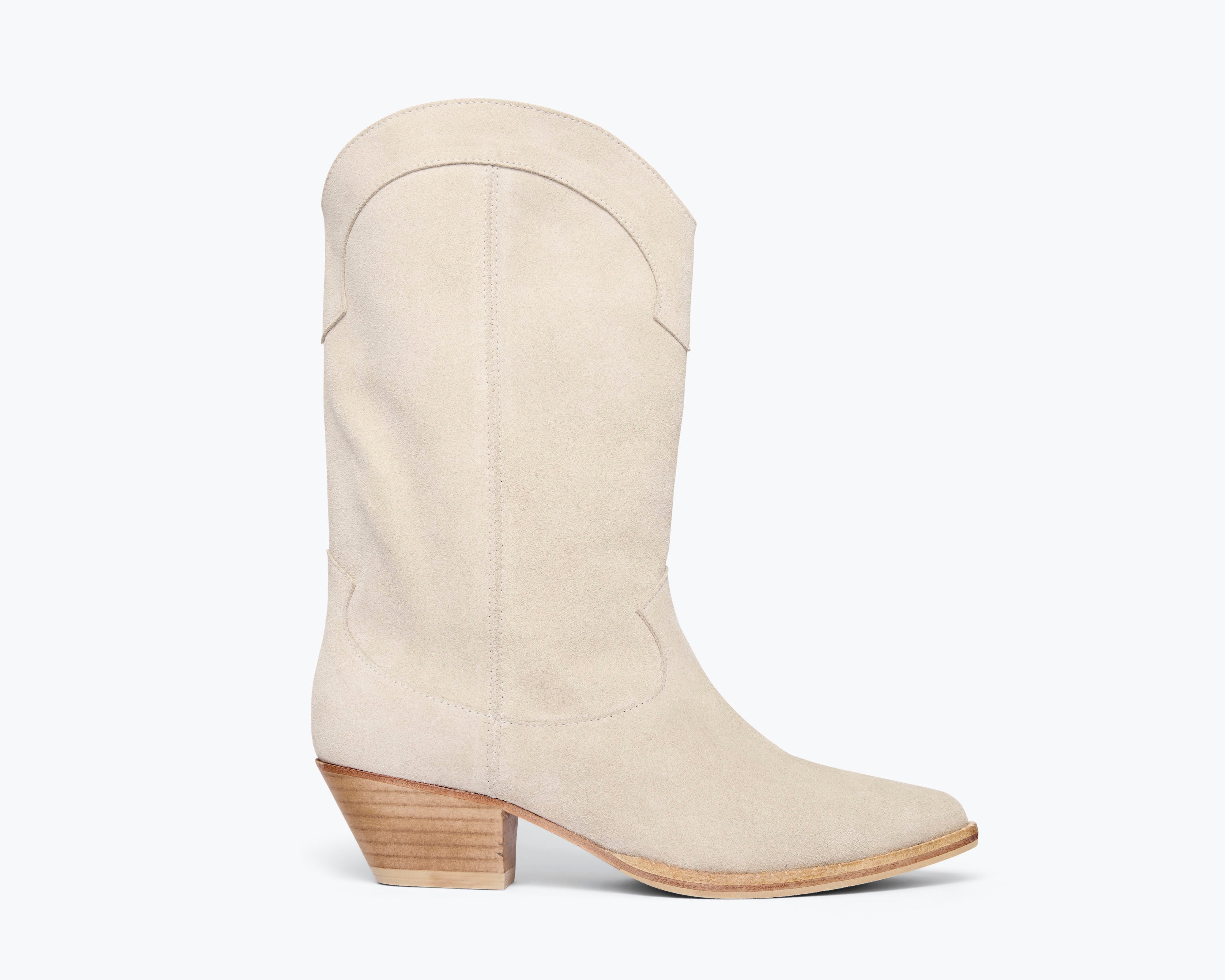 Freda Salvador Loretta Western Boot in Sahara suede with front view showcasing tan color and classic Western boot design.
