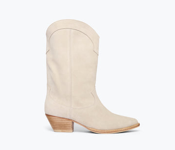 Freda Salvador Loretta Western Boot in Sahara suede with front view showcasing tan color and classic Western boot design.