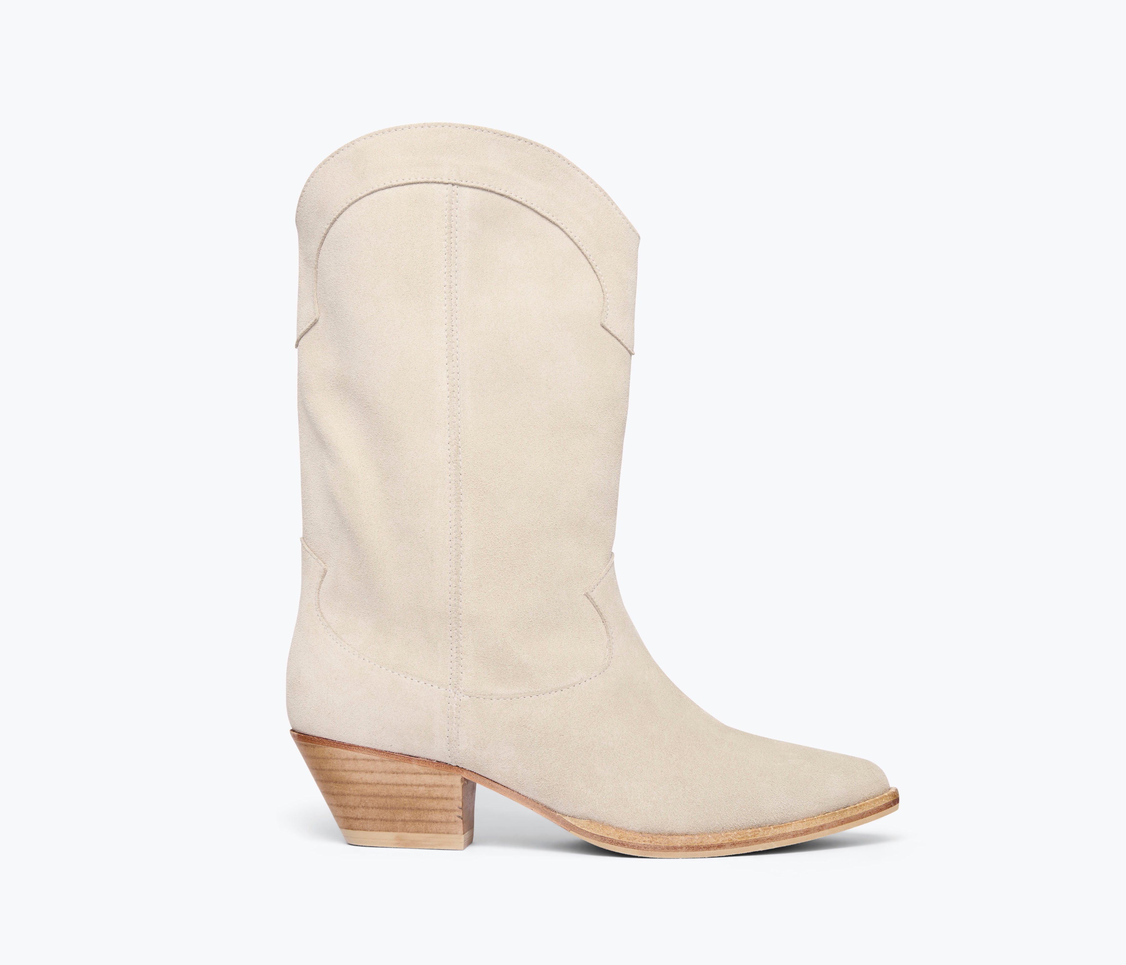 Freda Salvador Loretta Western Boot in Sahara suede with front view showcasing tan color and classic Western boot design.