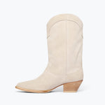Freda Salvador Loretta Western Boot in Sahara suede, showcasing inside view with detailed stitching and stylish design.