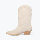 Freda Salvador Loretta Western Boot in Sahara suede, showcasing inside view with detailed stitching and stylish design.