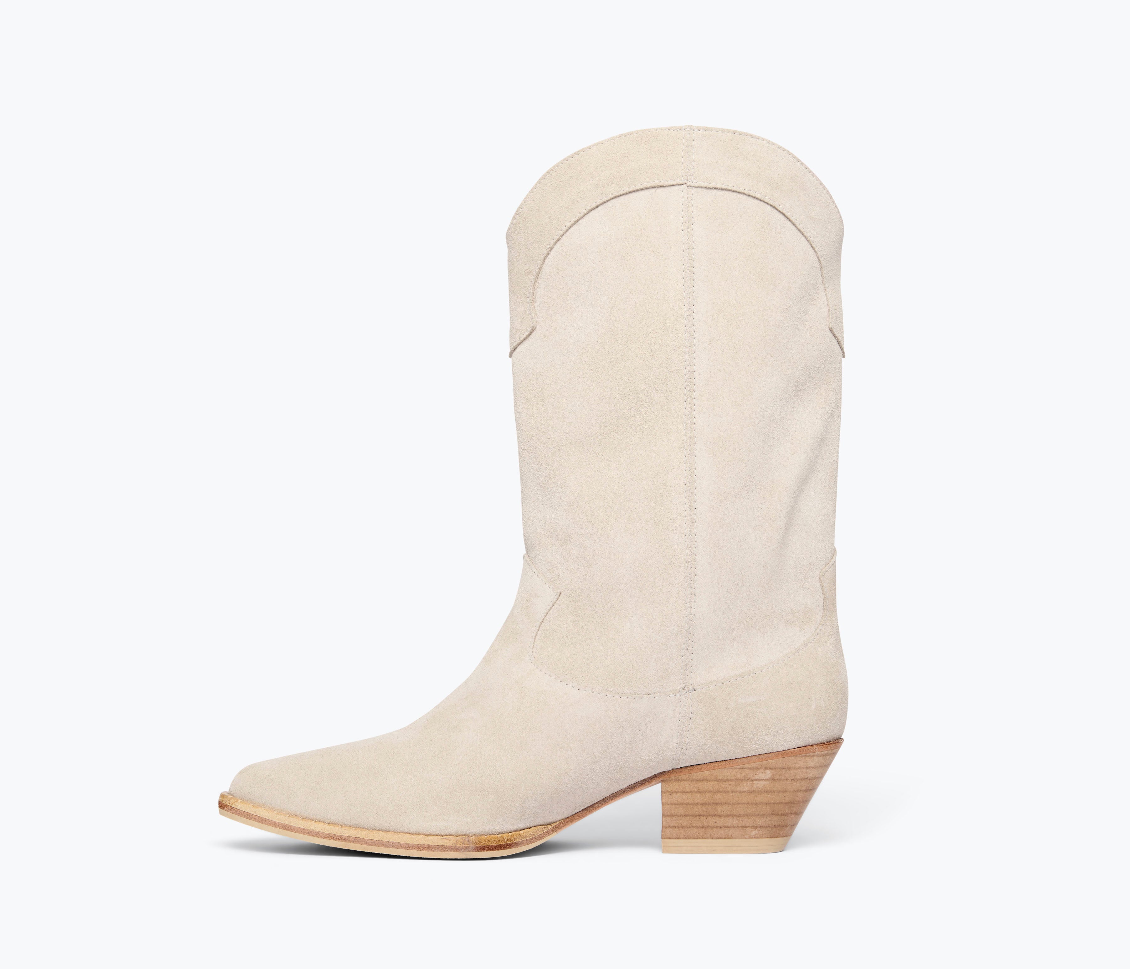 Freda Salvador Loretta Western Boot in Sahara suede, showcasing inside view with detailed stitching and stylish design.