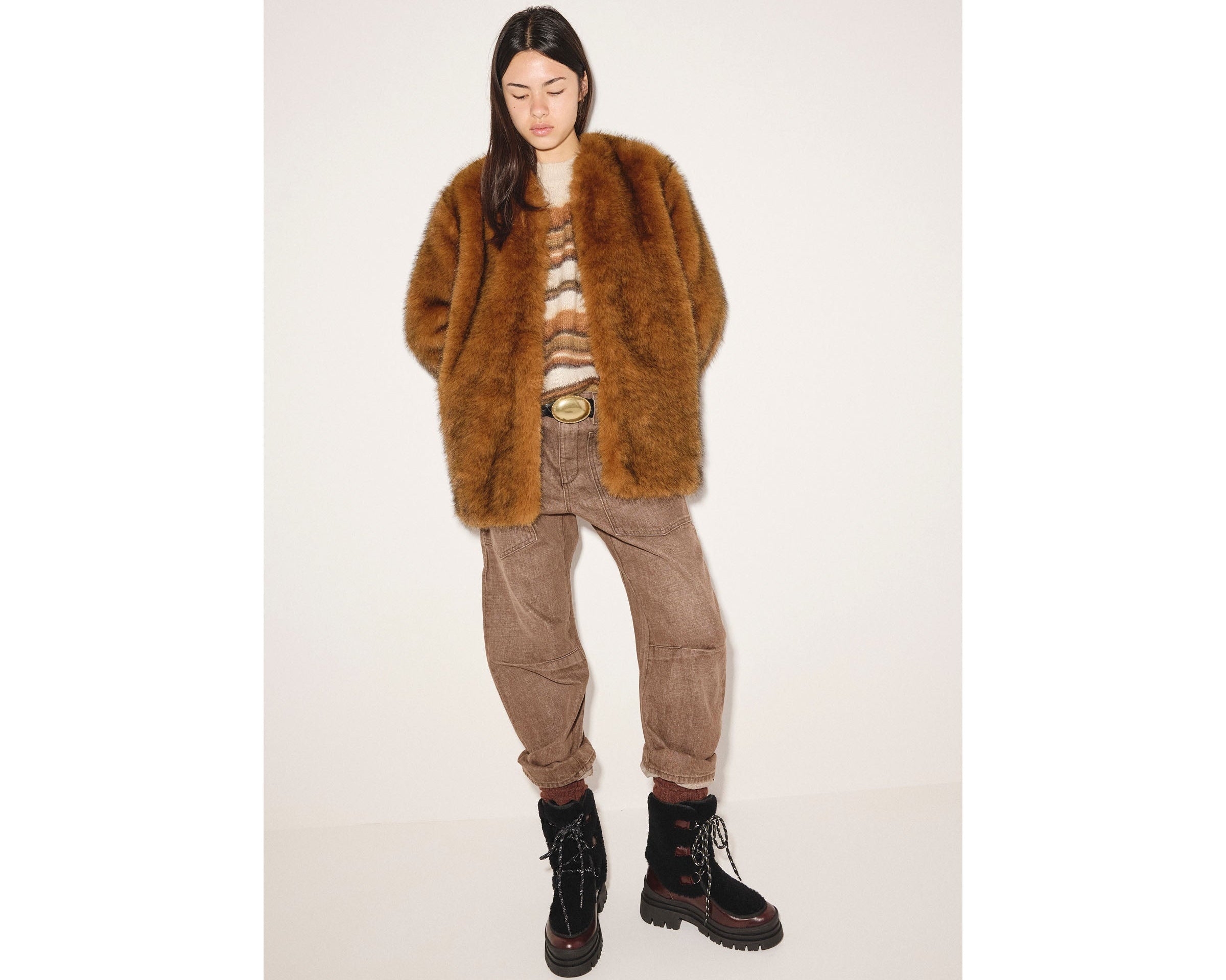 MARLEY shearling lug boot in Dark Brown Calf with Shearling, styled on figure
