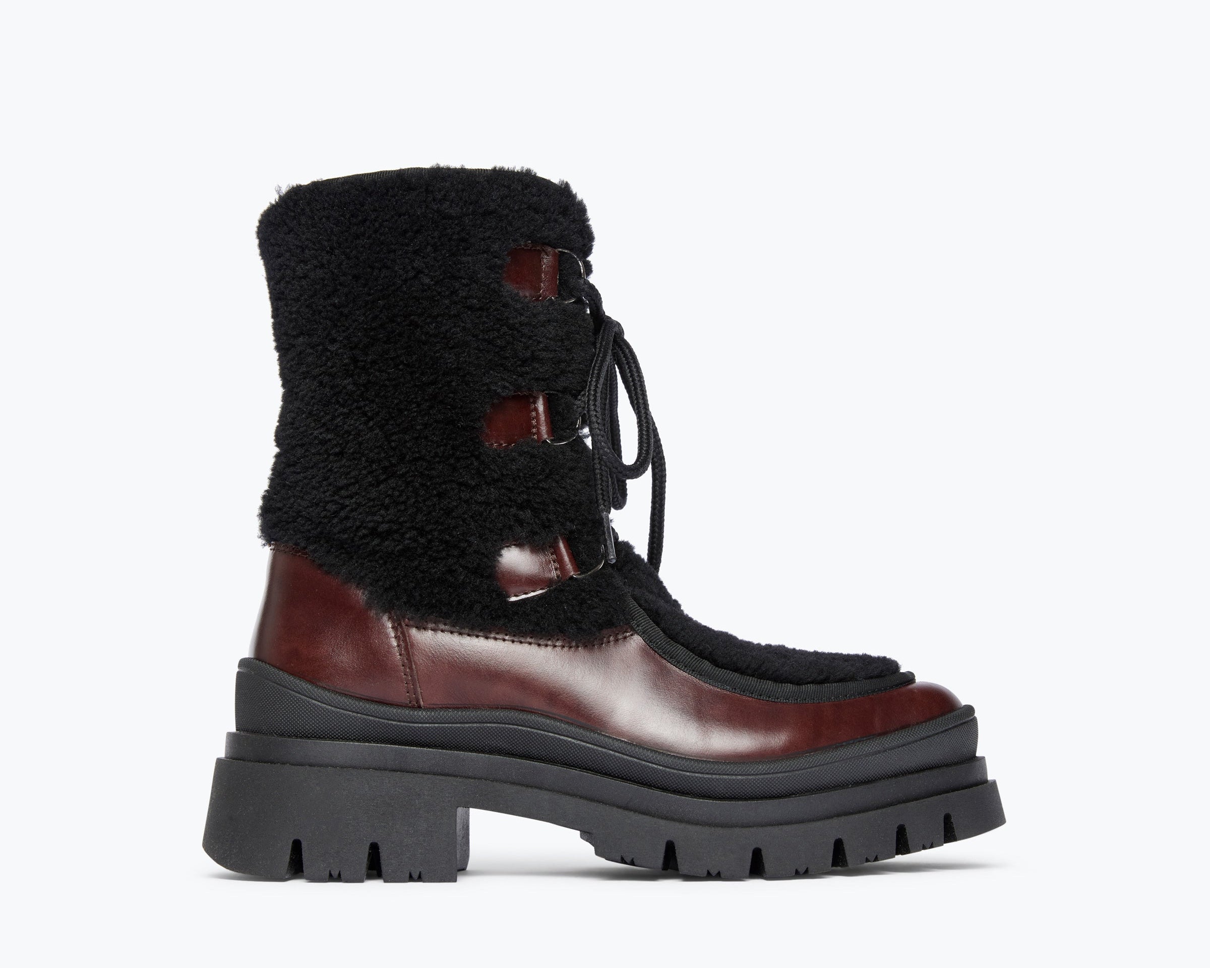 MARLEY shearling lug boot in Dark Brown Calf with Shearling, front view