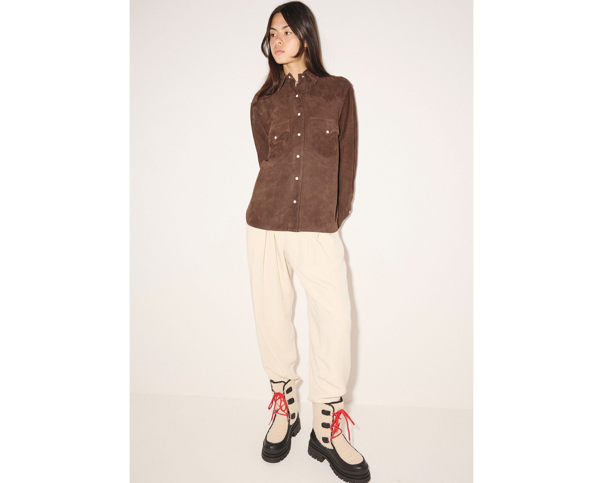 MARLEY shearling lug boot in Off-White Shearling Combo, styled on figure