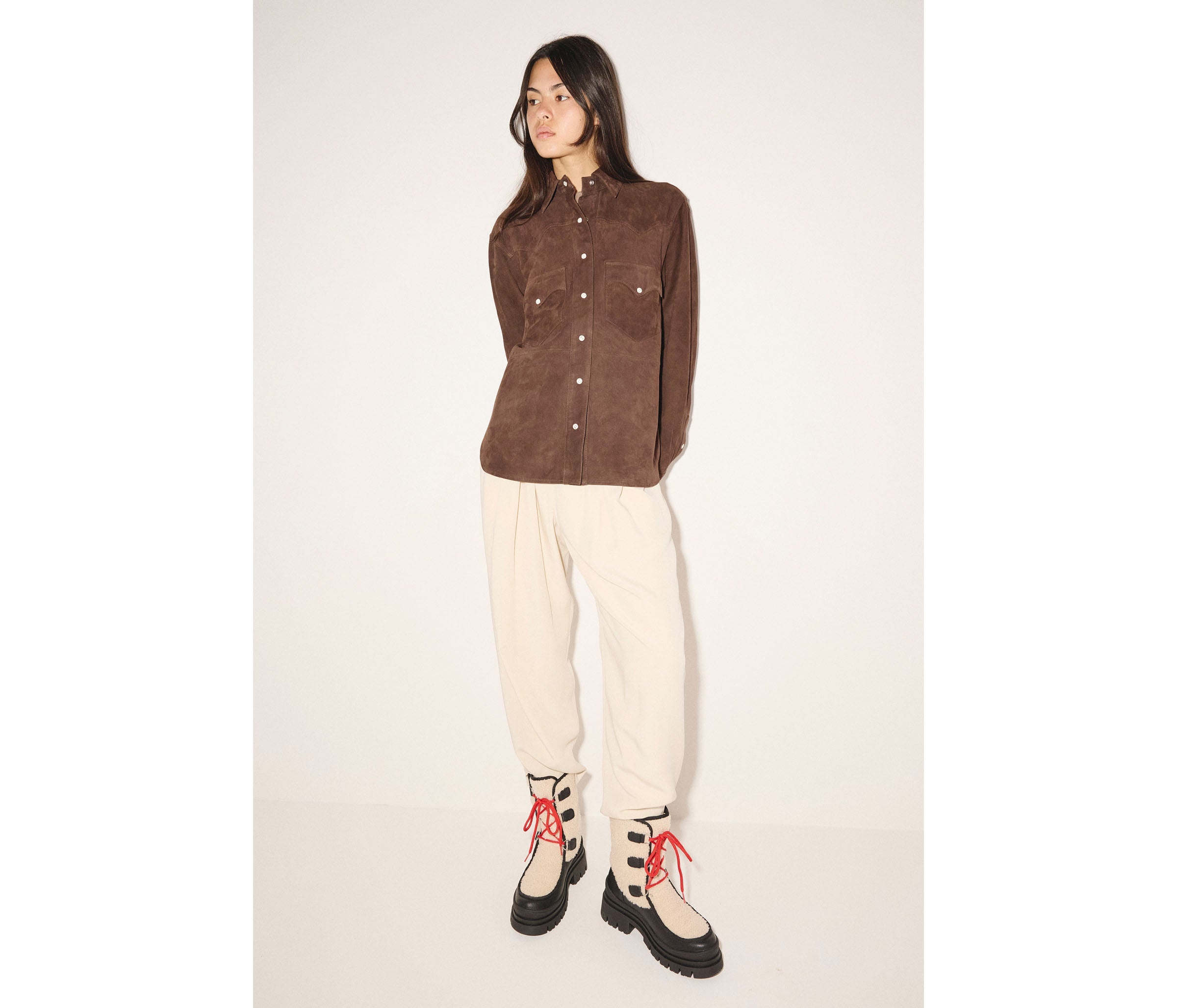 MARLEY shearling lug boot in Off-White Shearling Combo, styled on figure
