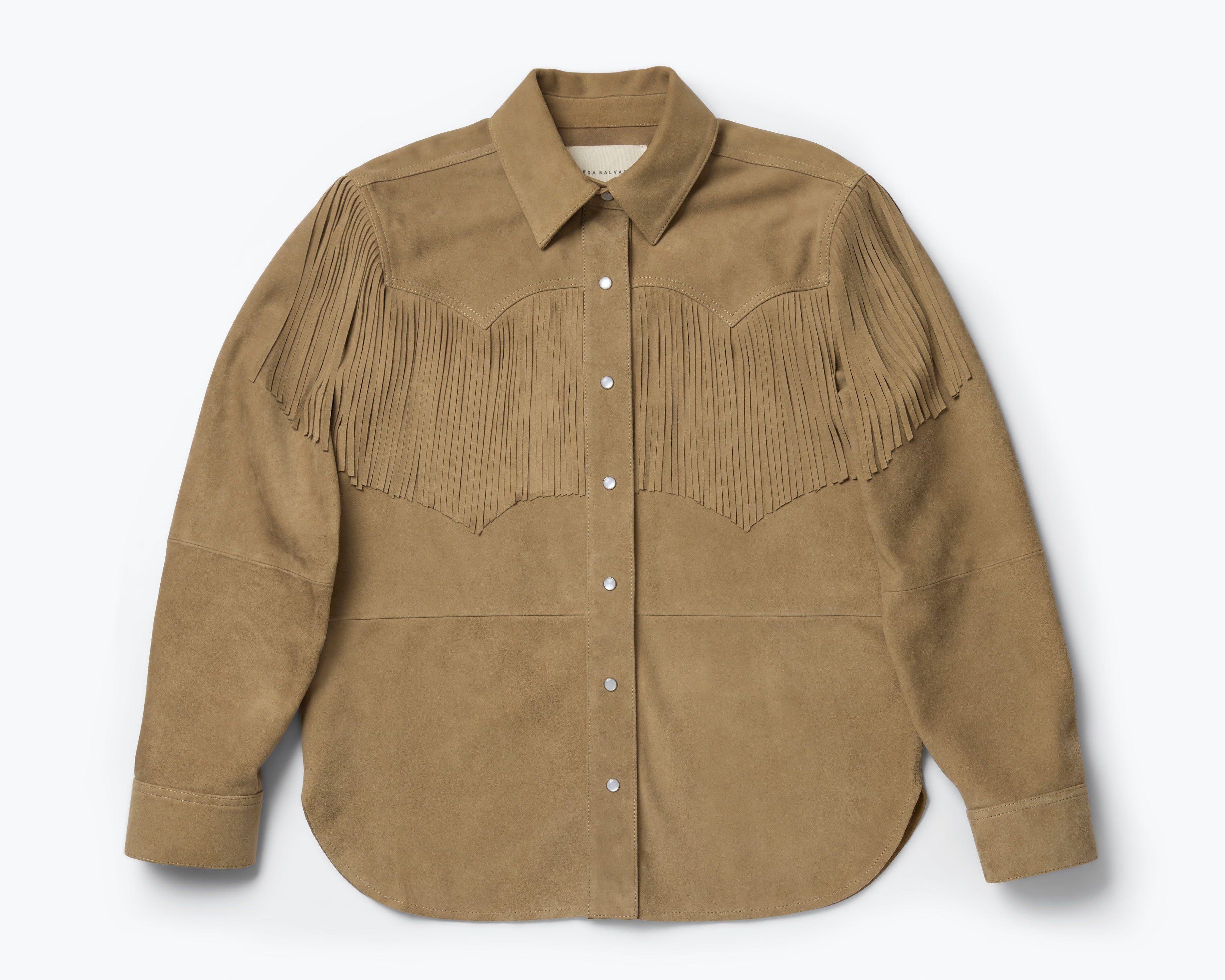 NALA shirt in taupe suede with fringe, front view