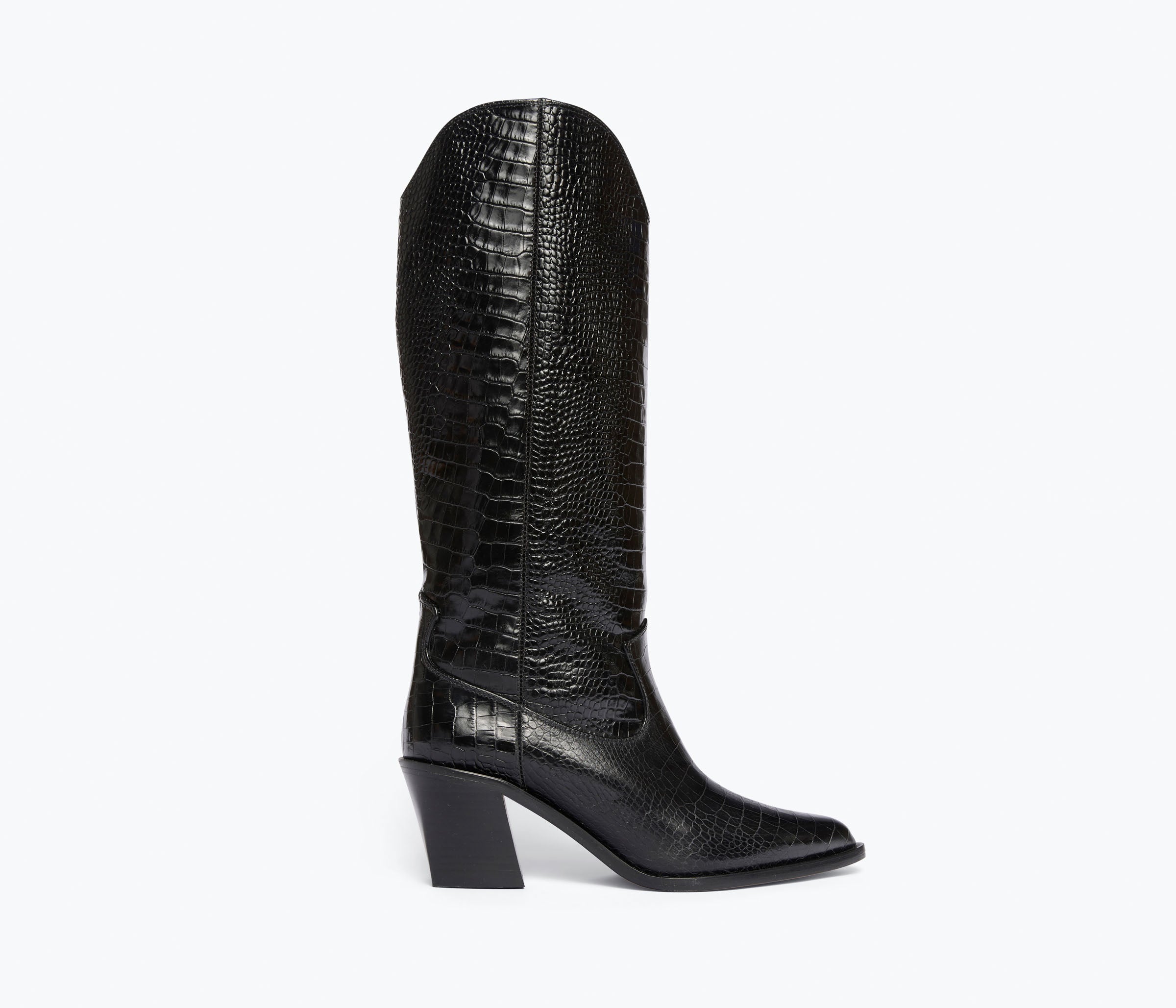 NANCIE western boot in Black Embossed Croc, front view