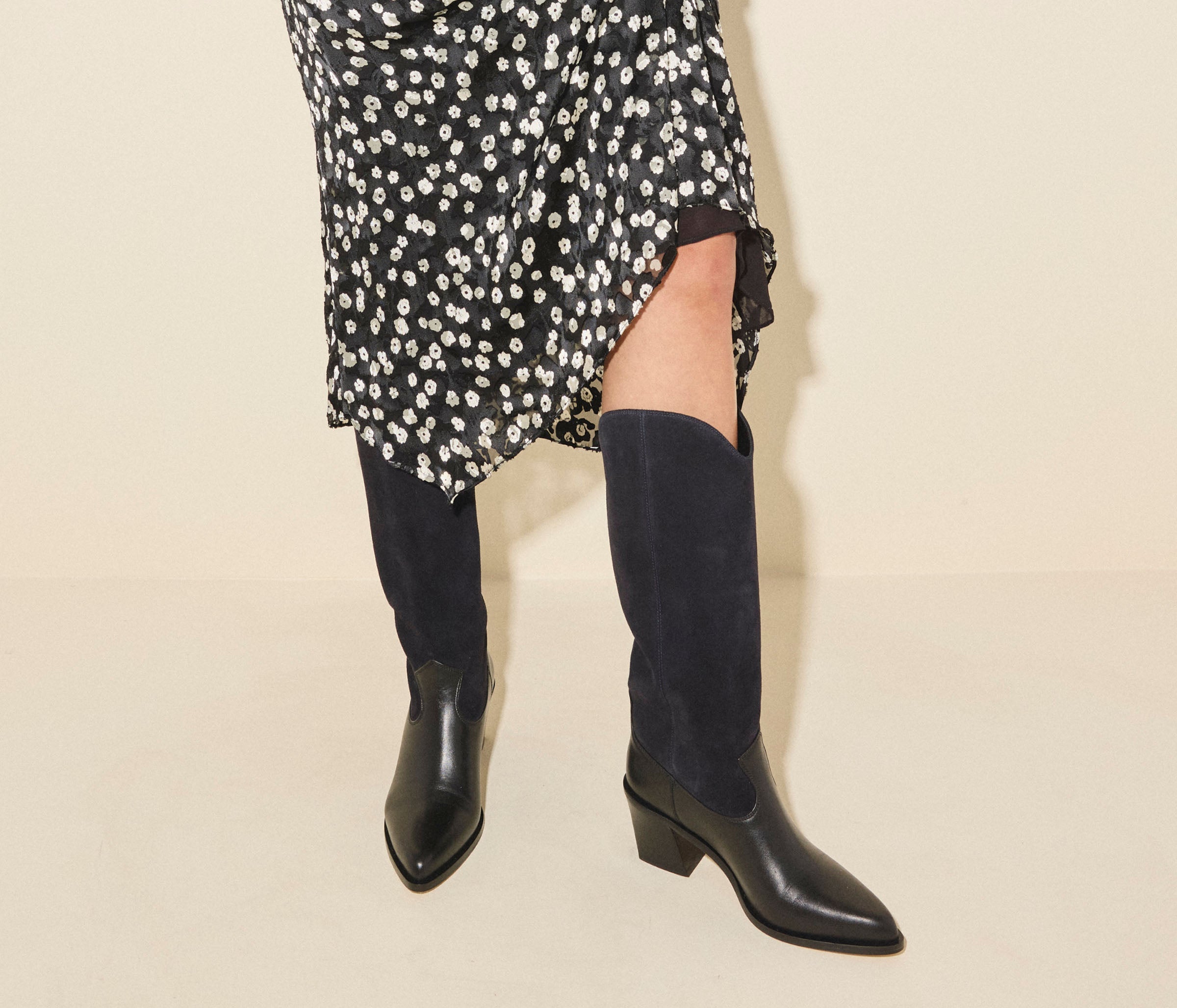 NANCIE boot in navy suede combo, styled on figure