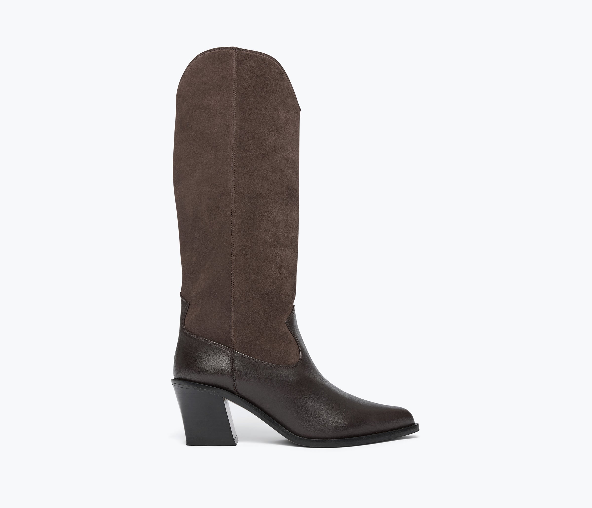 A single mid-calf boot in dark brown leather and medium brown suede, shown from a side profile against a plain white background.