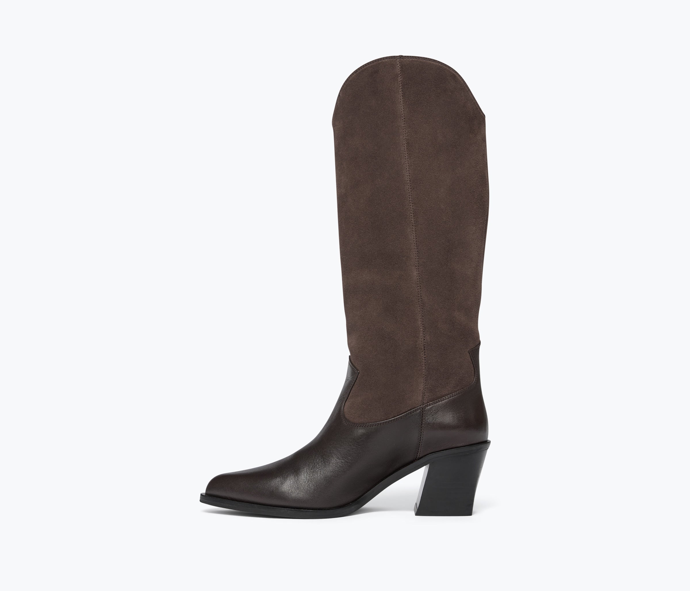 A single knee-high boot in dark brown, featuring a smooth leather lower section and a suede-like upper shaft, shown from a side profile on a light gray background.