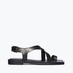 Black Paxton sandal by Freda Salvador showing front view with open toe and sleek strap design.