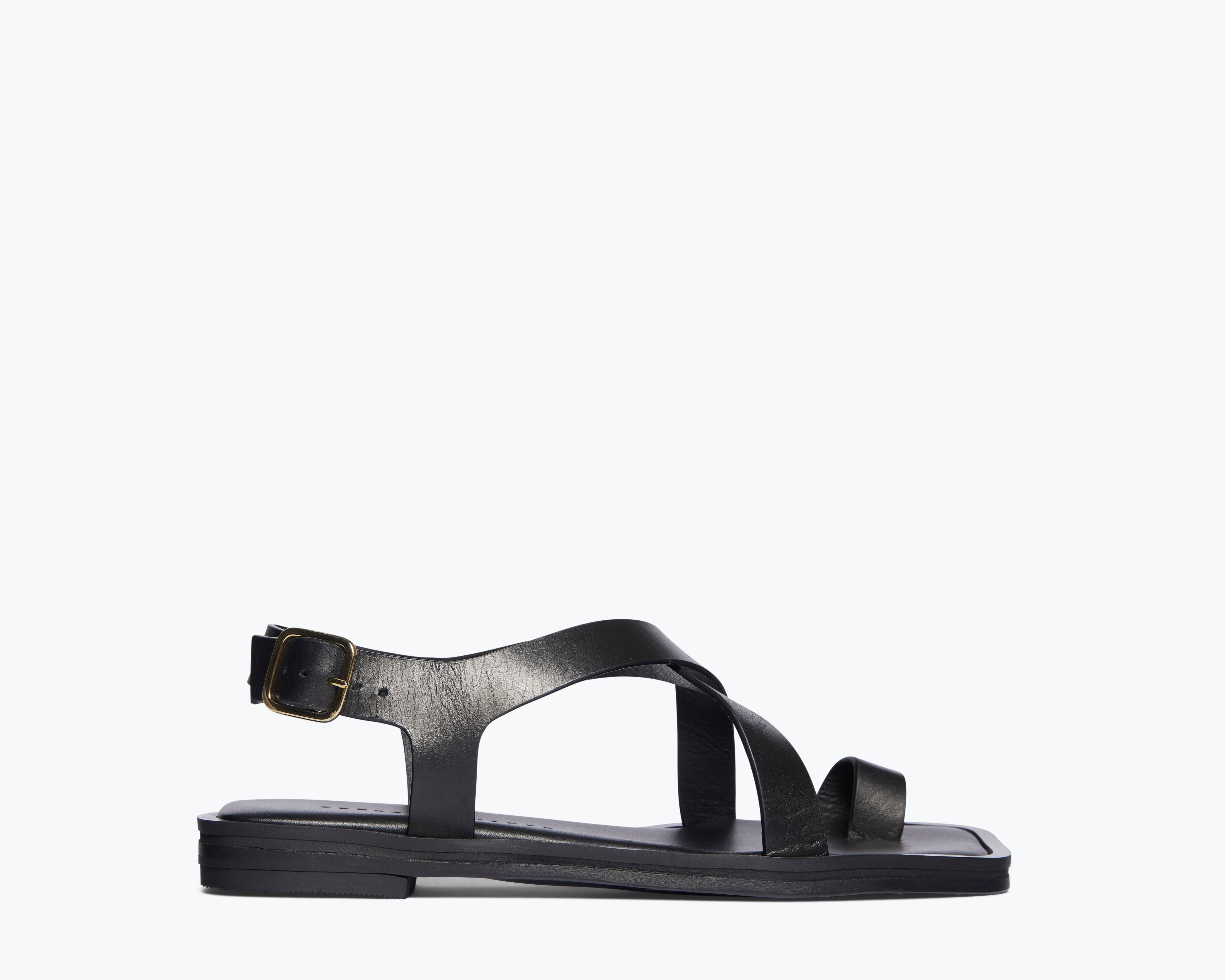 Black Paxton sandal by Freda Salvador showing front view with open toe and sleek strap design.