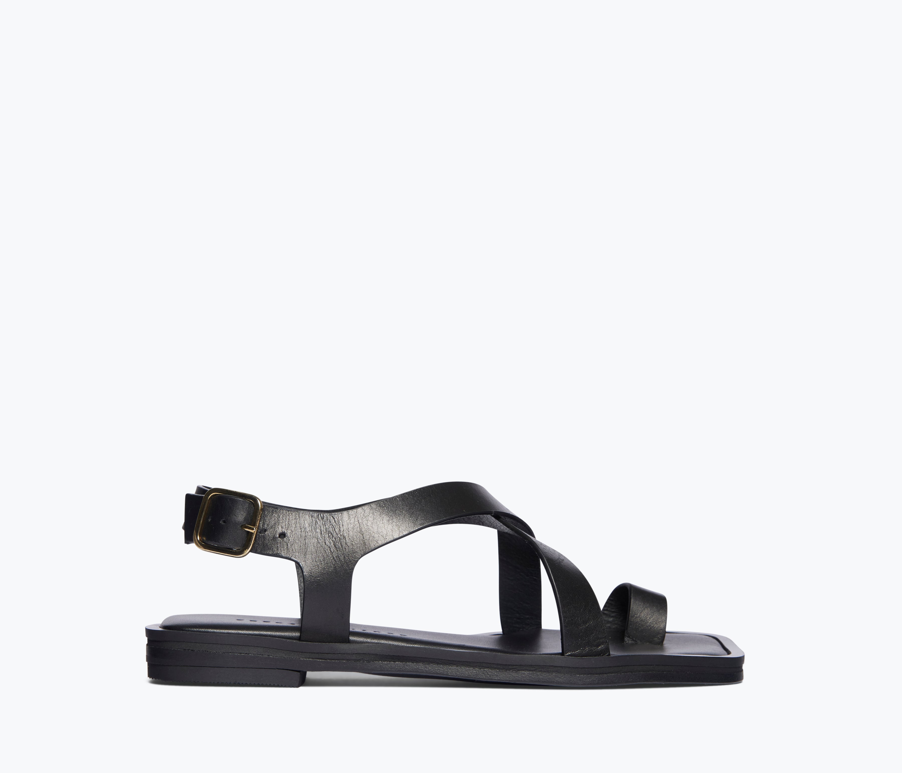 Black Paxton sandal by Freda Salvador showing front view with open toe and sleek strap design.