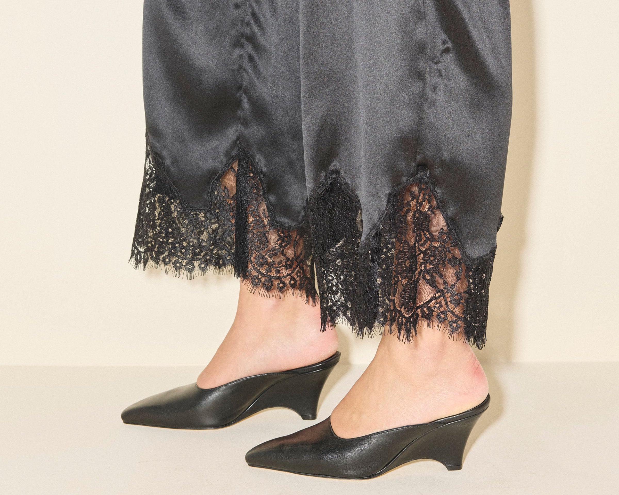 PEYTON mid heel wedge mule in black nappa leather, on figure